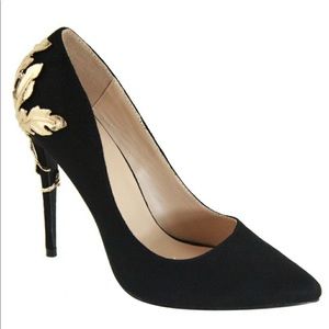 Black faux Suede Pumps w/ Gold Leaf Heel
